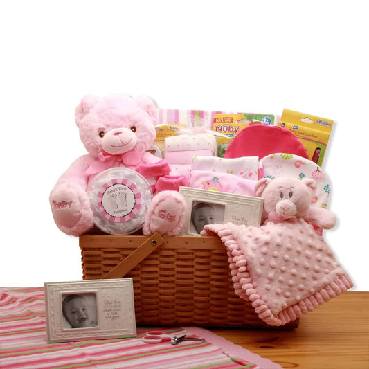 My First Teddy Bear New Baby Gift Basket – Pink
